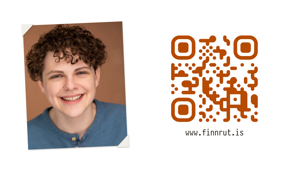 Back of Finn Rutis's business card: Finn's headshot beside a QR code for https://finnrut.is.